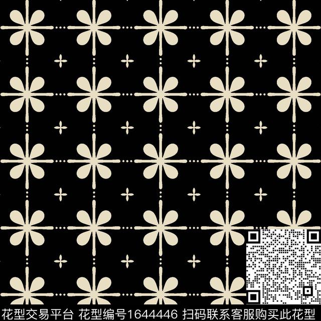 简约几何花卉黑底传统印花花型下载（图片编号: 1644446） - 瓦栏（Walan）