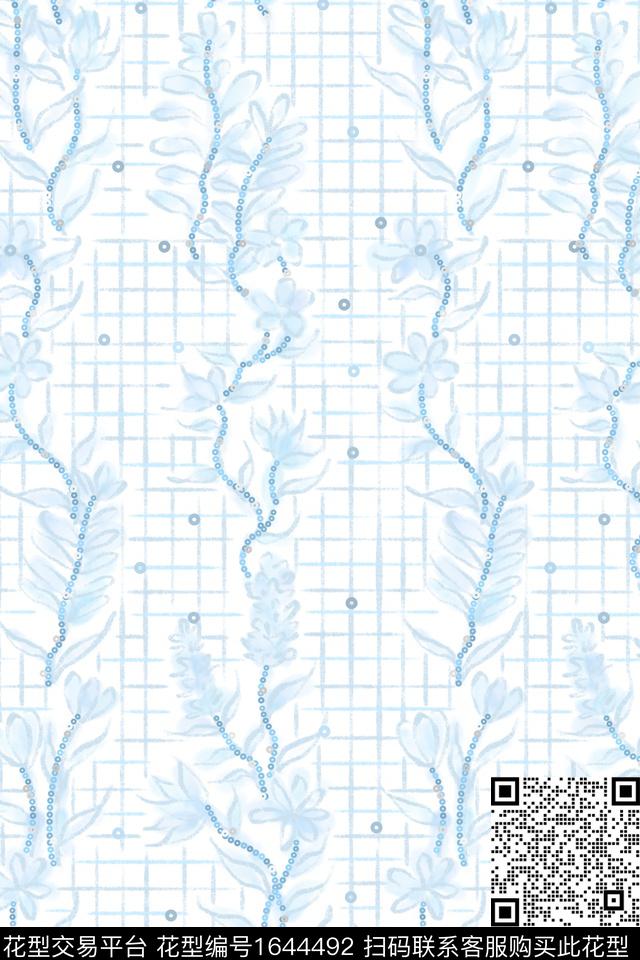 小清新蓝白花卉数码印花花型下载（图片编号: 1644492） - 瓦栏（Walan）
