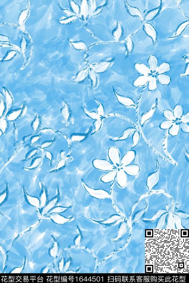 蓝白剪影花卉数码印花花型下载（图片编号: 1644501） - 瓦栏（Walan）