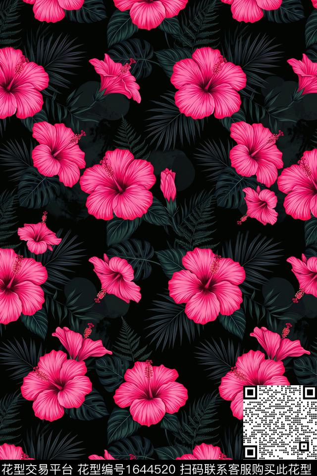 花卉黑底花卉热带数码印花花型下载（图片编号: 1644520） - 瓦栏（Walan）