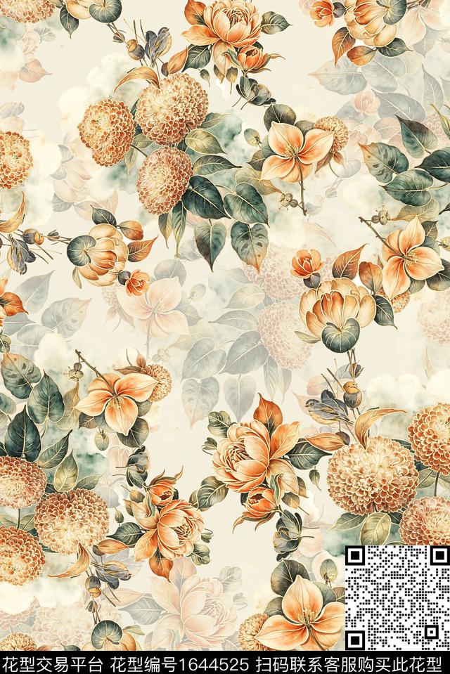 年轻女装满版散花花卉数码印花花型下载（图片编号: 1644525） - 瓦栏（Walan）