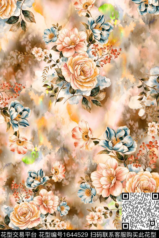 年轻女装满版散花花卉数码印花花型下载（图片编号: 1644529） - 瓦栏（Walan）