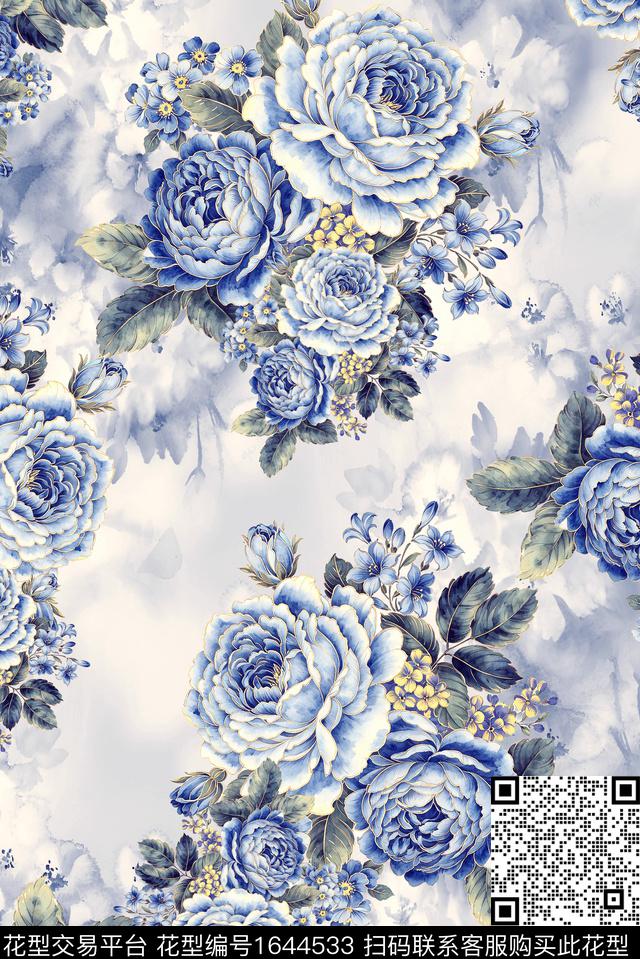 年轻女装满版散花花卉数码印花花型下载（图片编号: 1644533） - 瓦栏（Walan）