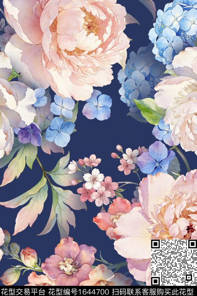 大花花卉水彩数码印花花型下载（图片编号: 1644700） - 瓦栏（Walan）