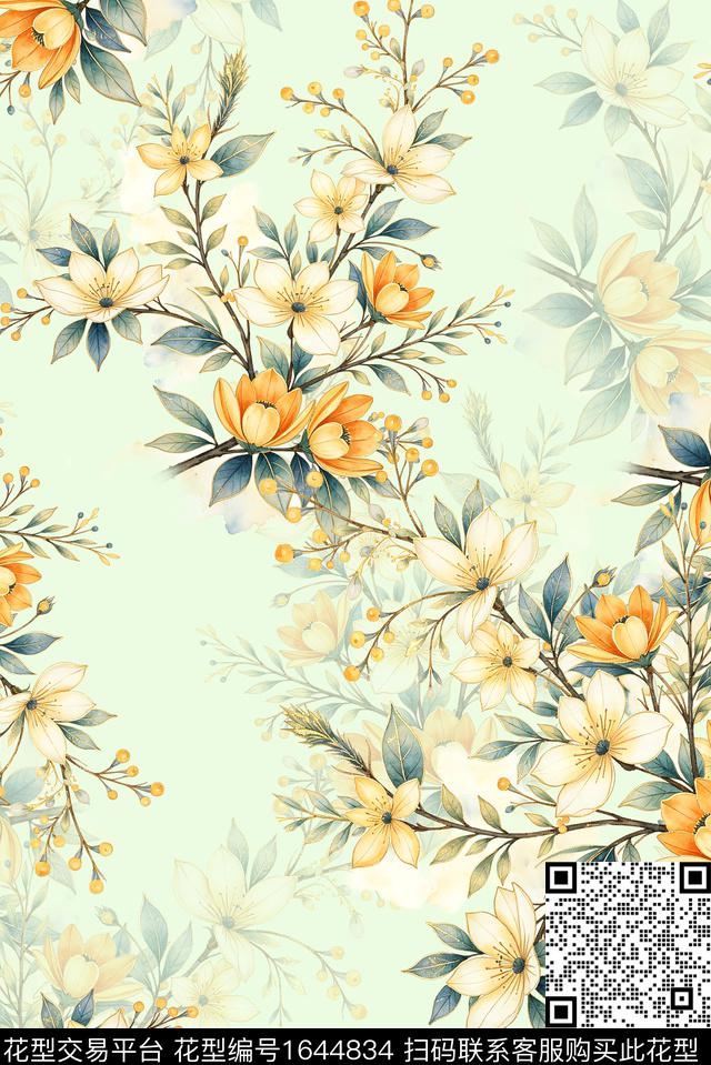 年轻女装满版散花花卉数码印花花型下载（图片编号: 1644834） - 瓦栏（Walan）