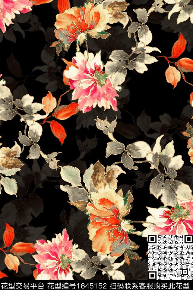 年轻女装黑底花卉满版散花数码印花花型下载（图片编号: 1645152） - 瓦栏（Walan）