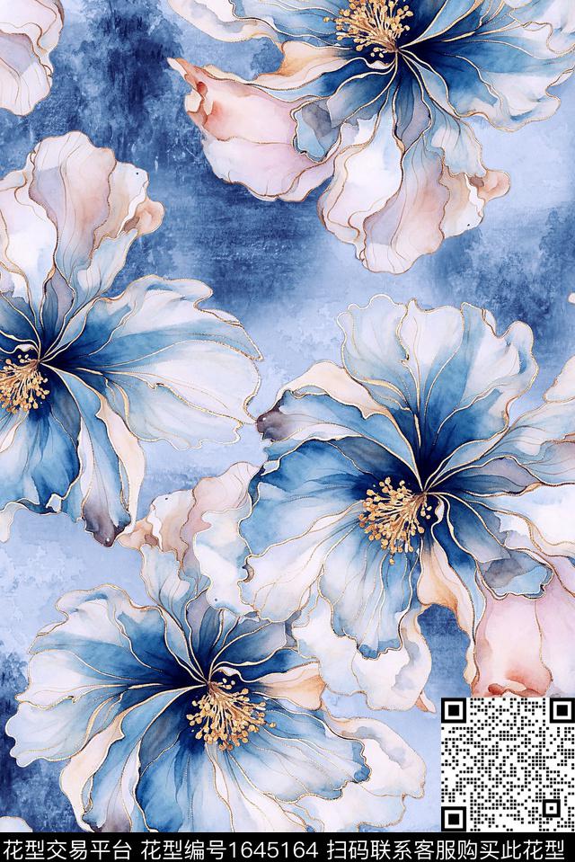 年轻女装小清新手绘大花数码印花花型下载（图片编号: 1645164） - 瓦栏（Walan）
