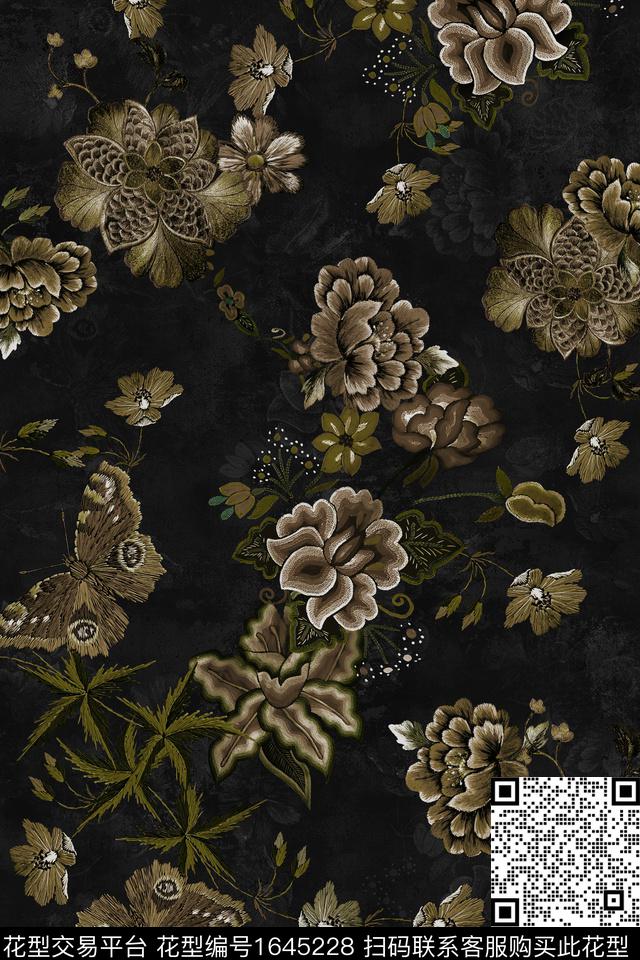花卉黑底花卉仿刺绣数码印花花型下载（图片编号: 1645228） - 瓦栏（Walan）