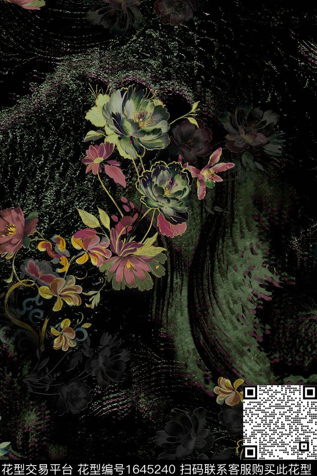 花卉黑底花卉水彩花卉数码印花花型下载（图片编号: 1645240） - 瓦栏（Walan）
