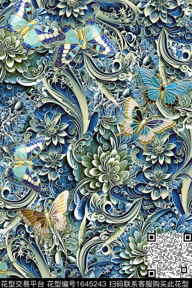 花卉抽象花卉蝴蝶数码印花花型下载（图片编号: 1645243） - 瓦栏（Walan）