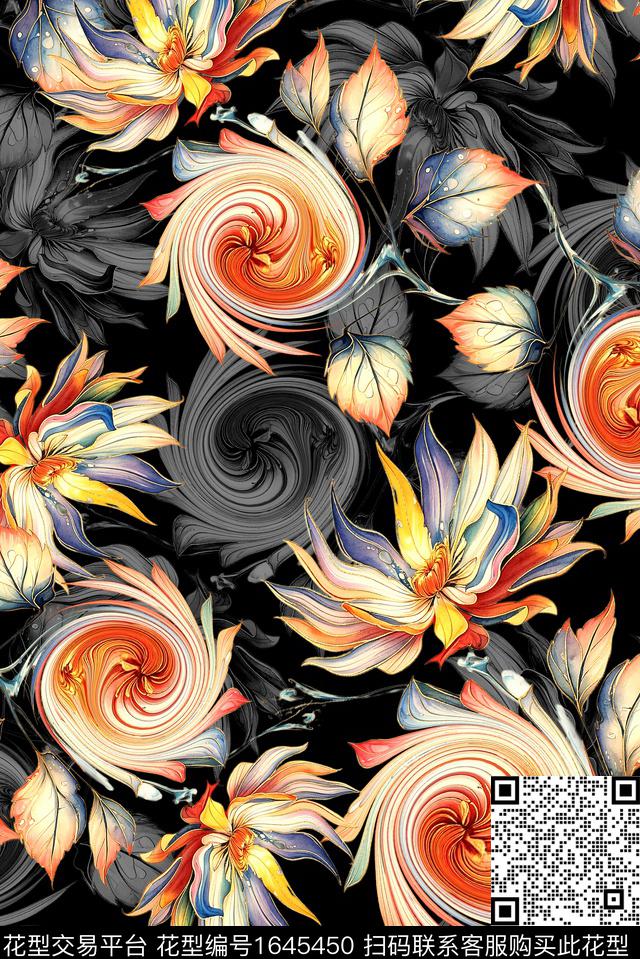 年轻女装黑底花卉满版散花数码印花花型下载（图片编号: 1645450） - 瓦栏（Walan）