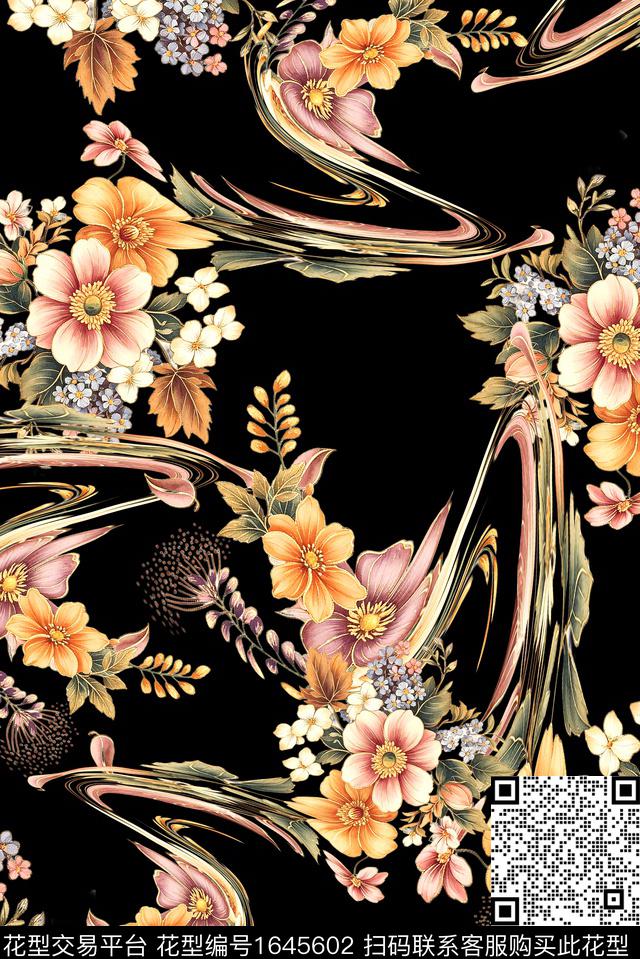 年轻女装黑底花卉满版散花数码印花花型下载（图片编号: 1645602） - 瓦栏（Walan）