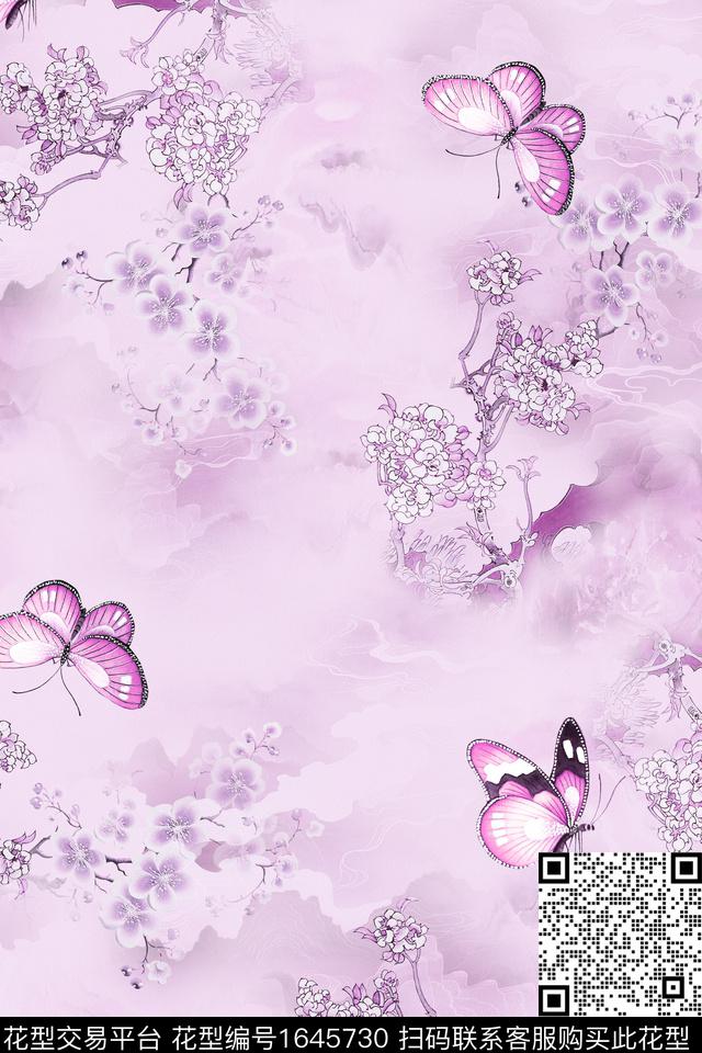 中国风蝴蝶旗袍数码印花花型下载（图片编号: 1645730） - 瓦栏（Walan）