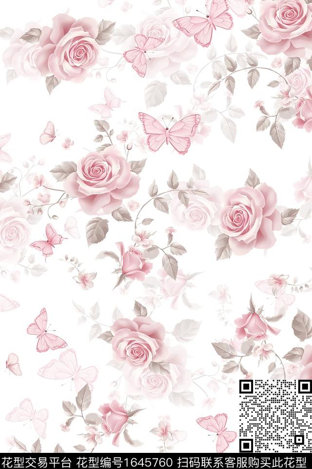 蝴蝶花卉春夏花型数码印花花型下载（图片编号: 1645760） - 瓦栏（Walan）