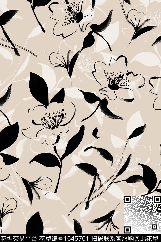 花卉剪影水墨风数码印花花型下载（图片编号: 1645761） - 瓦栏（Walan）