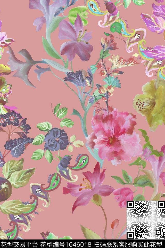 年轻女装真丝花卉数码印花花型下载（图片编号: 1646018） - 瓦栏（Walan）