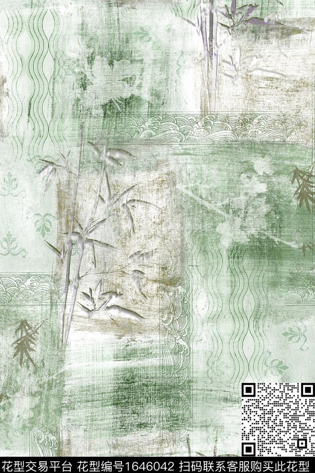 竹子抽象笔触格子数码印花花型下载（图片编号: 1646042） - 瓦栏（Walan）