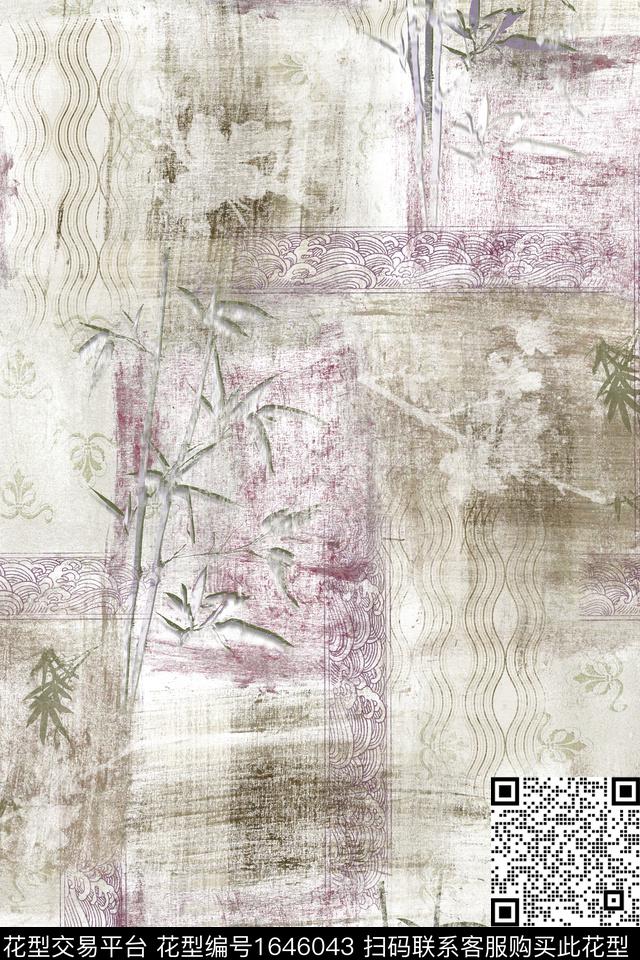 竹子抽象笔触格子数码印花花型下载（图片编号: 1646043） - 瓦栏（Walan）