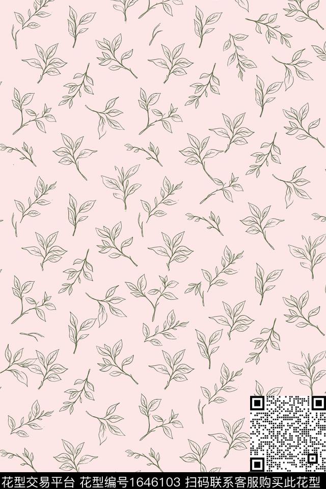 植物叶子线条画数码印花花型下载（图片编号: 1646103） - 瓦栏（Walan）
