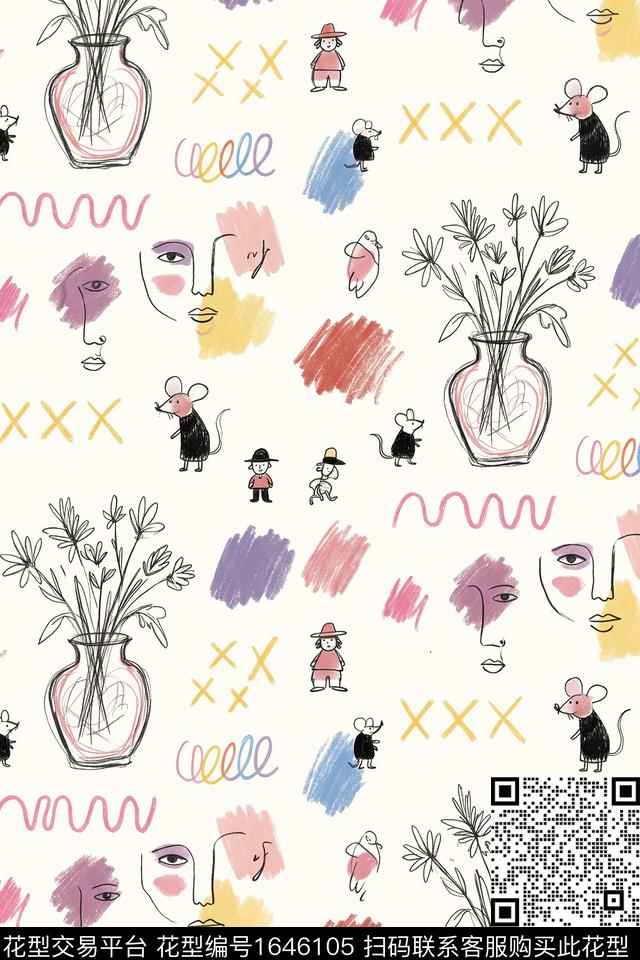 老鼠人物笔触数码印花花型下载（图片编号: 1646105） - 瓦栏（Walan）