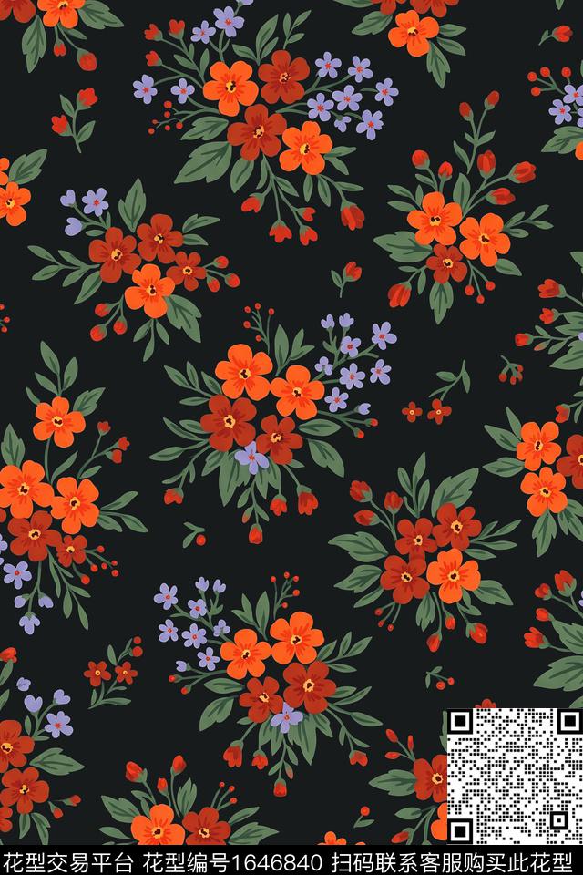 黑底花卉花卉满版散花数码印花花型下载（图片编号: 1646840） - 瓦栏（Walan）