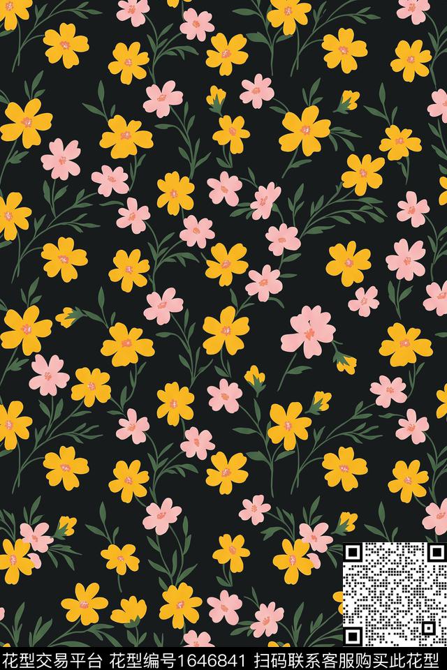 年轻女装黑底花卉花卉数码印花花型下载（图片编号: 1646841） - 瓦栏（Walan）