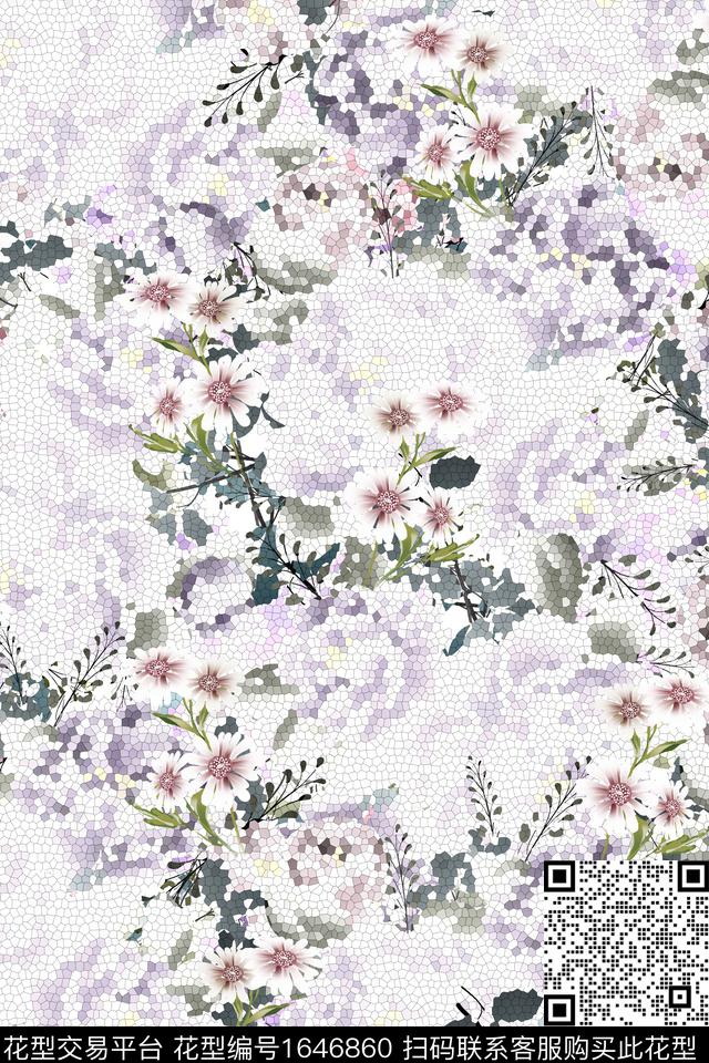 年轻女装满版散花抽象花卉数码印花花型下载（图片编号: 1646860） - 瓦栏（Walan）