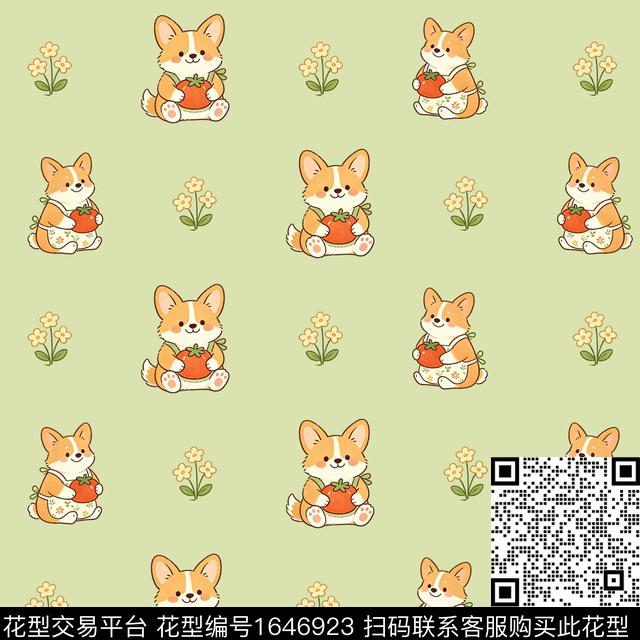 柯基狗小花数码印花花型下载（图片编号: 1646923） - 瓦栏（Walan）