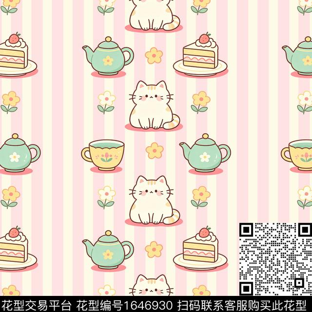 猫条纹茶具数码印花花型下载（图片编号: 1646930） - 瓦栏（Walan）