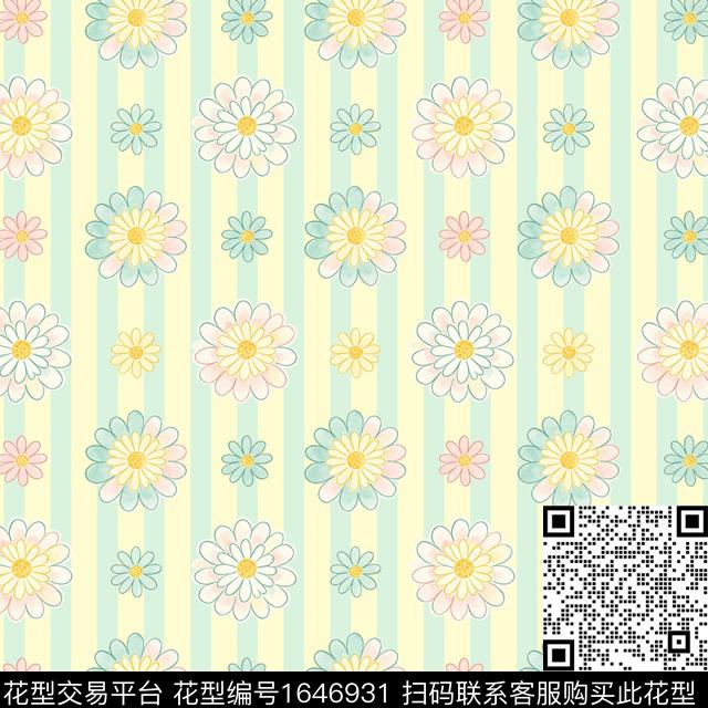 小雏菊条纹花卉数码印花花型下载（图片编号: 1646931） - 瓦栏（Walan）