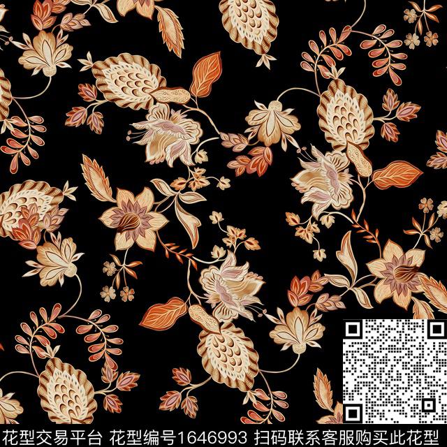 民族风民族花卉黑底花卉数码印花花型下载（图片编号: 1646993） - 瓦栏（Walan）