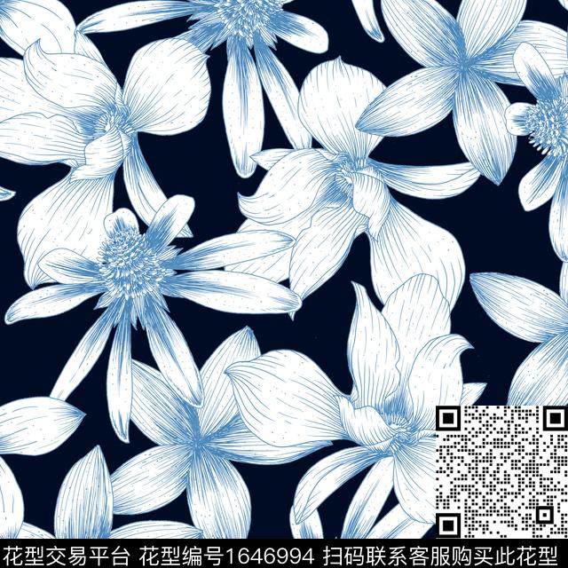 花卉黑底花卉线条花卉数码印花花型下载（图片编号: 1646994） - 瓦栏（Walan）