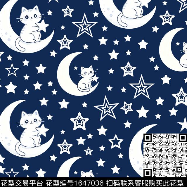 星星月亮小白猫数码印花花型下载（图片编号: 1647036） - 瓦栏（Walan）