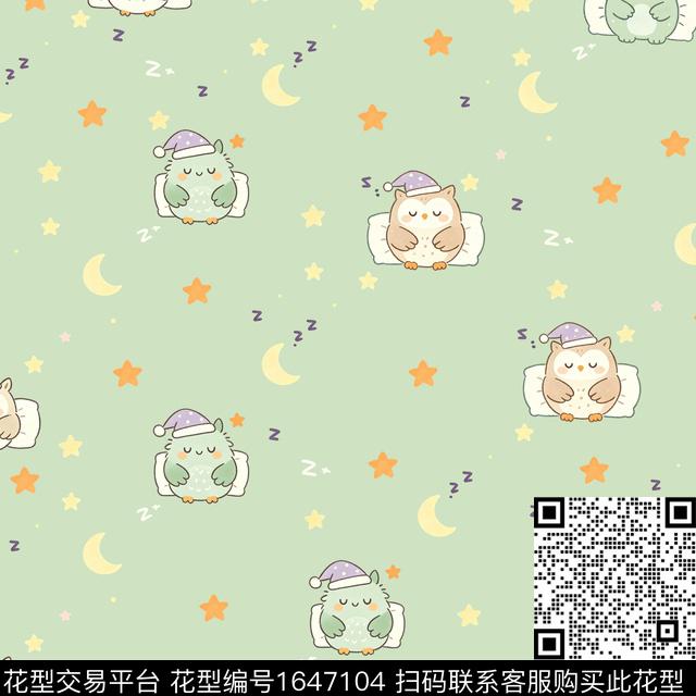 星星月亮猫头鹰数码印花花型下载（图片编号: 1647104） - 瓦栏（Walan）