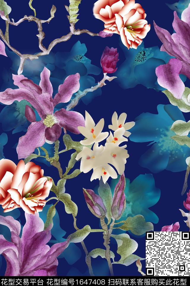 年轻女装手绘玫瑰植物数码印花花型下载（图片编号: 1647408） - 瓦栏（Walan）