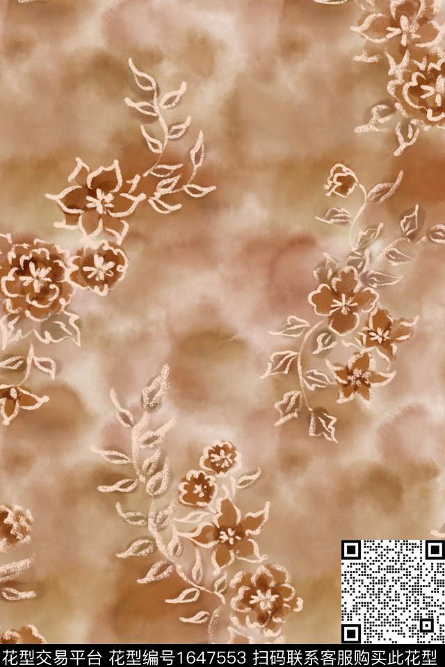 侘寂花卉水彩数码印花花型下载（图片编号: 1647553） - 瓦栏（Walan）