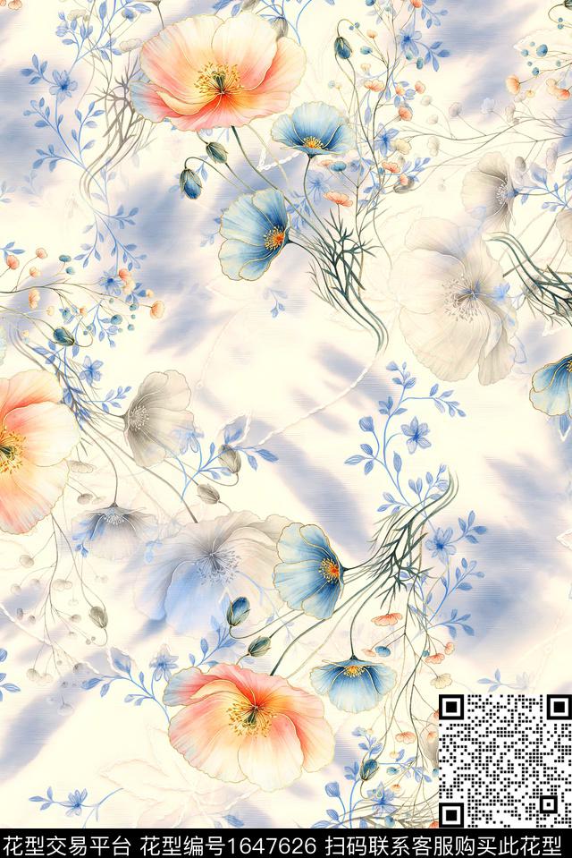 年轻女装满版散花水彩花卉数码印花花型下载（图片编号: 1647626） - 瓦栏（Walan）