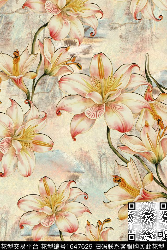 年轻女装满版散花水彩花卉数码印花花型下载（图片编号: 1647629） - 瓦栏（Walan）
