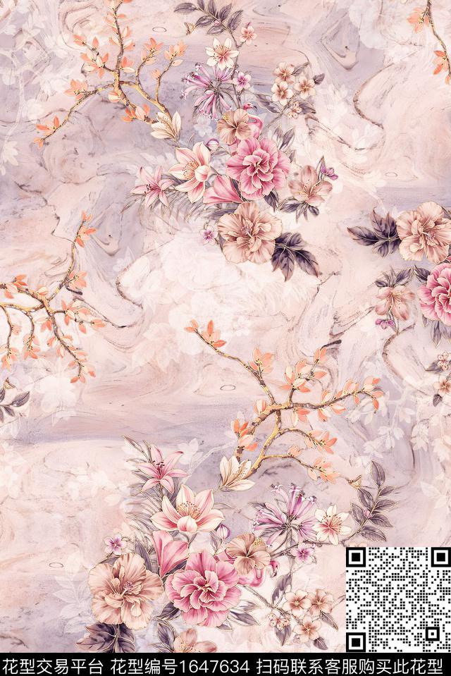 年轻女装满版散花花卉数码印花花型下载（图片编号: 1647634） - 瓦栏（Walan）