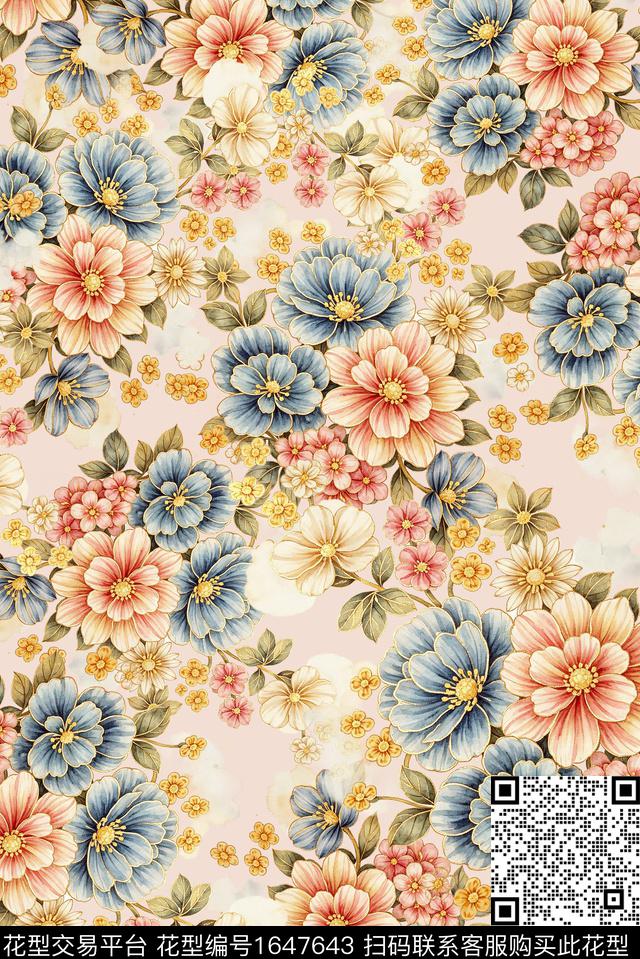 年轻女装满版散花花卉数码印花花型下载（图片编号: 1647643） - 瓦栏（Walan）