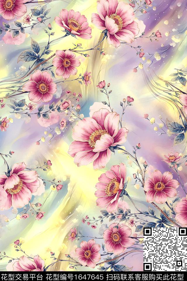年轻女装满版散花花卉数码印花花型下载（图片编号: 1647645） - 瓦栏（Walan）