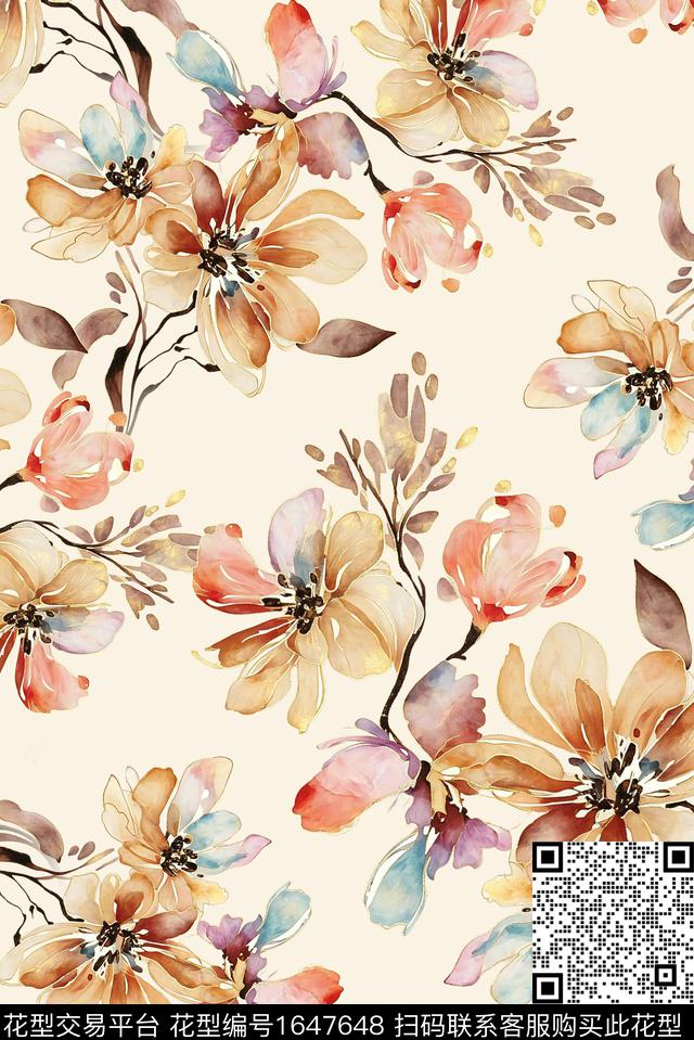 年轻女装满版散花花卉数码印花花型下载（图片编号: 1647648） - 瓦栏（Walan）