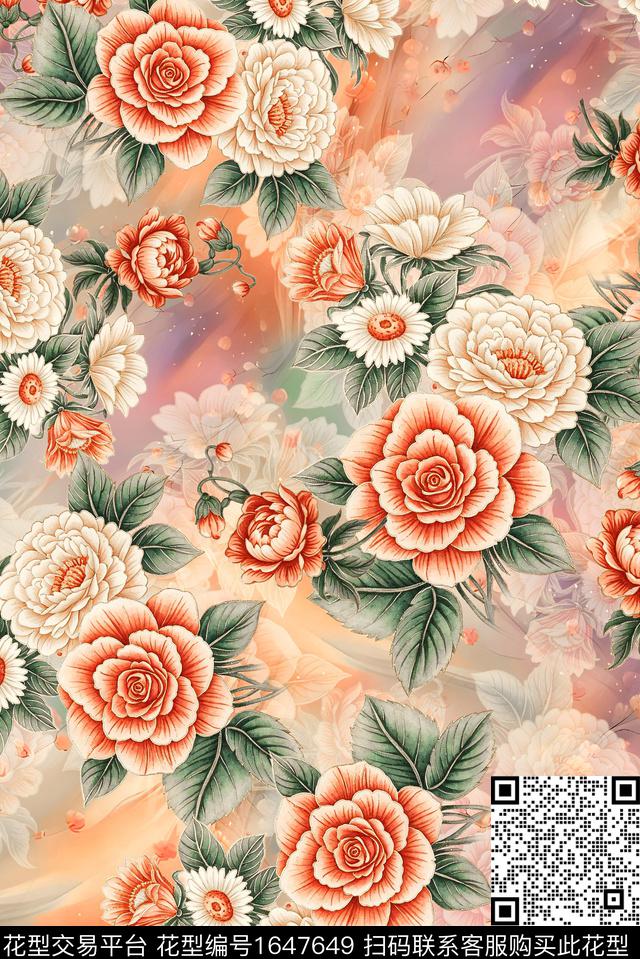 年轻女装满版散花花卉数码印花花型下载（图片编号: 1647649） - 瓦栏（Walan）