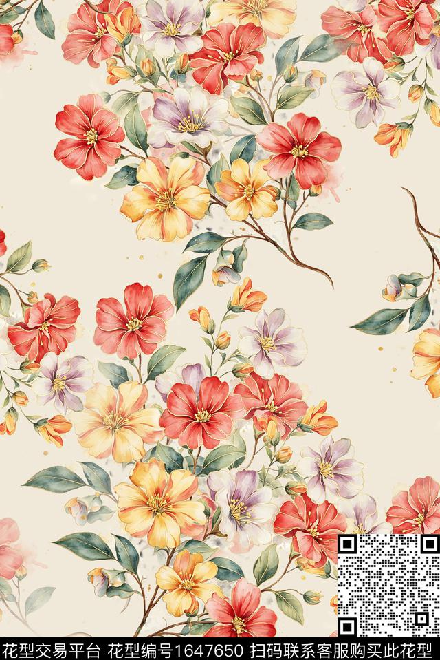 年轻女装满版散花花卉数码印花花型下载（图片编号: 1647650） - 瓦栏（Walan）
