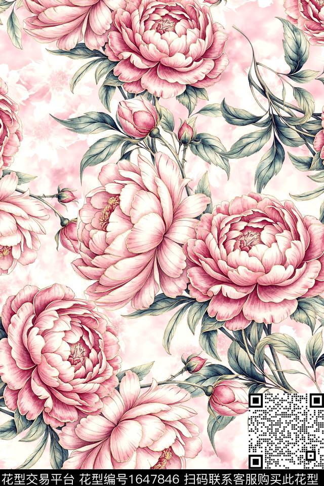 年轻女装满版散花花卉数码印花花型下载（图片编号: 1647846） - 瓦栏（Walan）