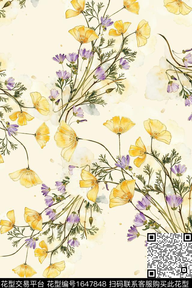 年轻女装满版散花花卉数码印花花型下载（图片编号: 1647848） - 瓦栏（Walan）