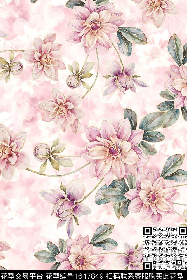 年轻女装满版散花花卉数码印花花型下载（图片编号: 1647849） - 瓦栏（Walan）