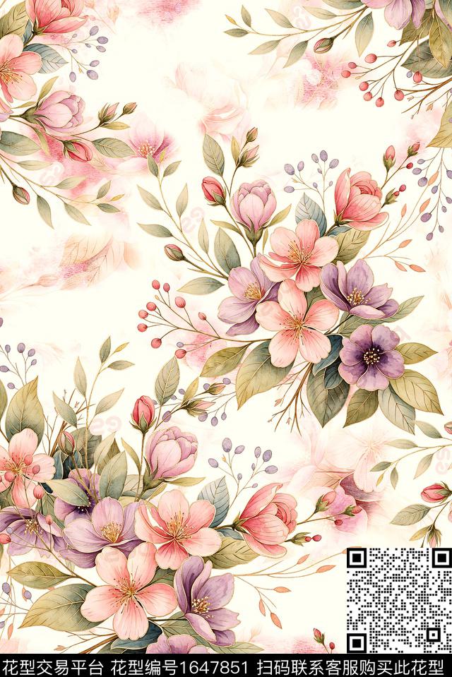 年轻女装满版散花花卉数码印花花型下载（图片编号: 1647851） - 瓦栏（Walan）