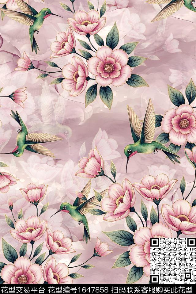 年轻女装满版散花花卉数码印花花型下载（图片编号: 1647858） - 瓦栏（Walan）