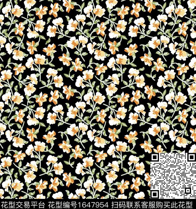 花卉小碎花黑底花卉传统印花花型下载（图片编号: 1647954） - 瓦栏（Walan）